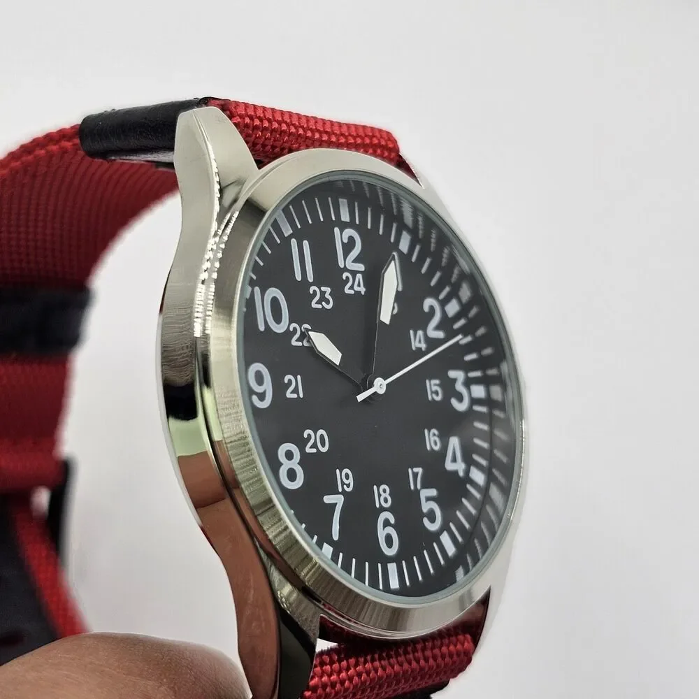 Field Men's Watch 42MM‎ Black Dial Red Black Canvas Bands New Battery